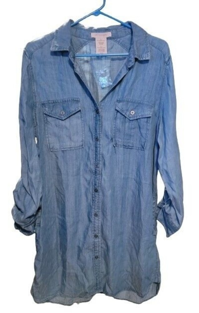 Philosophy Button-Up Blue Chambray Tunic Dress 100% Tencel L Denim